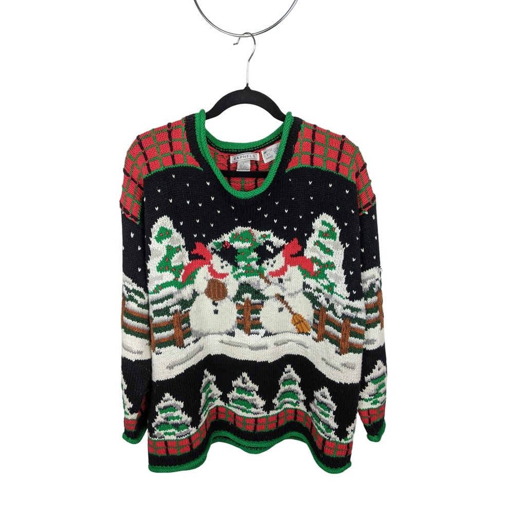Raphels Vintage Hand Knitted Snowman Ugly Christmas Sweater Large Black Red